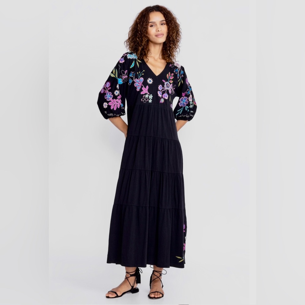 Johnny Was Shilo Dolman Sleeve Tiered Black Dress SZ L - Picture 2 of 13